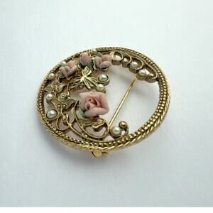 Vintage Victorian Revival Porcelain Rose & Pearl Wreath Brooch